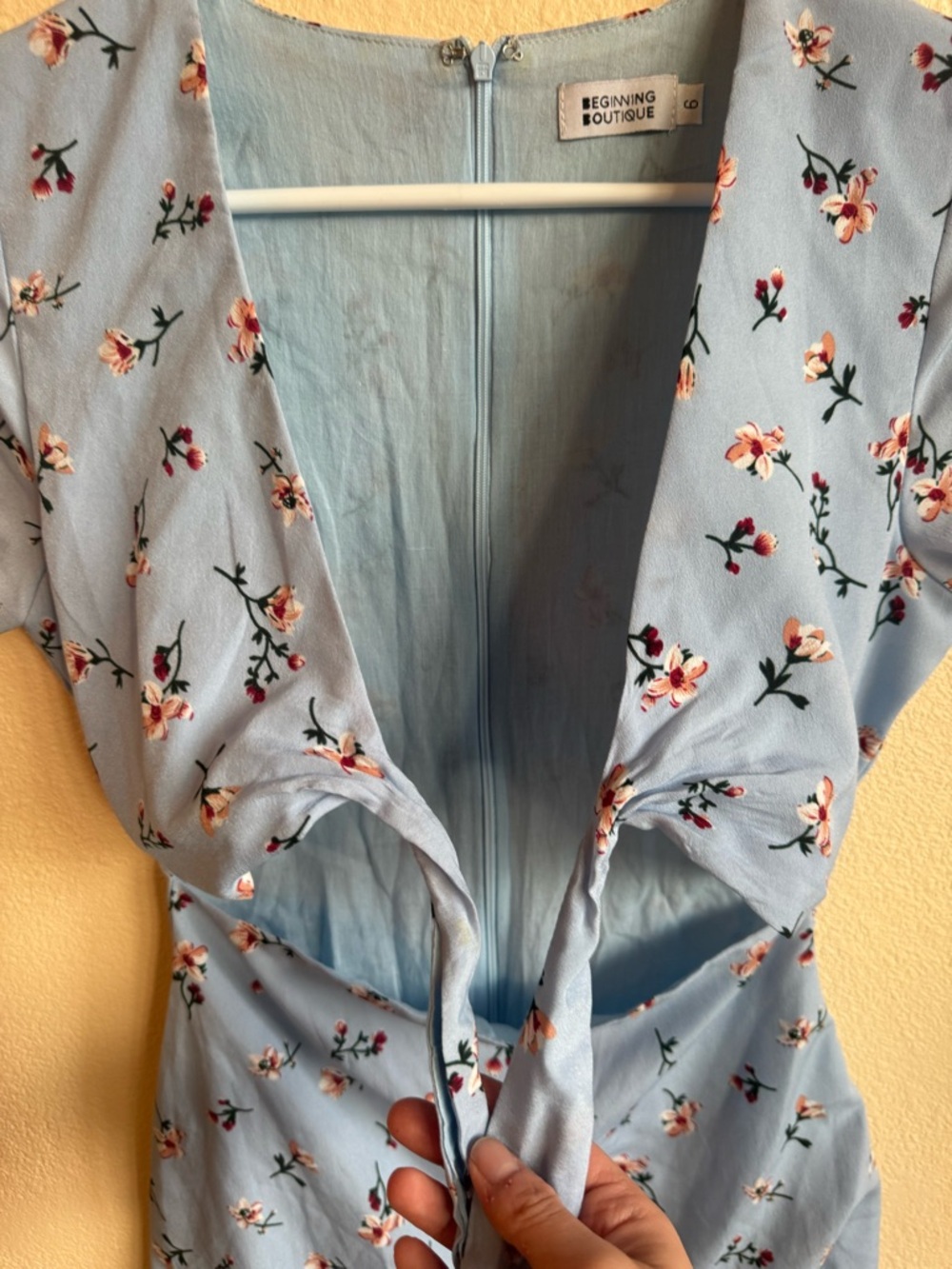 Beginning Boutique Blue Floral Tie Front Cutout Mini Dress Cottagecore Summer - Picture 13 of 14